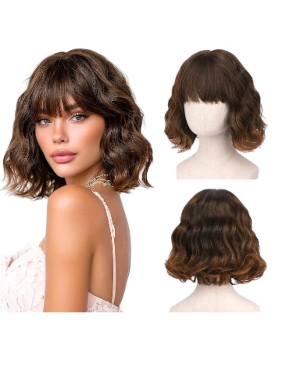 BARSDAR Short Wavy Auburn Highlight Wig - Short Wavy Wig with Bangs for Women’s